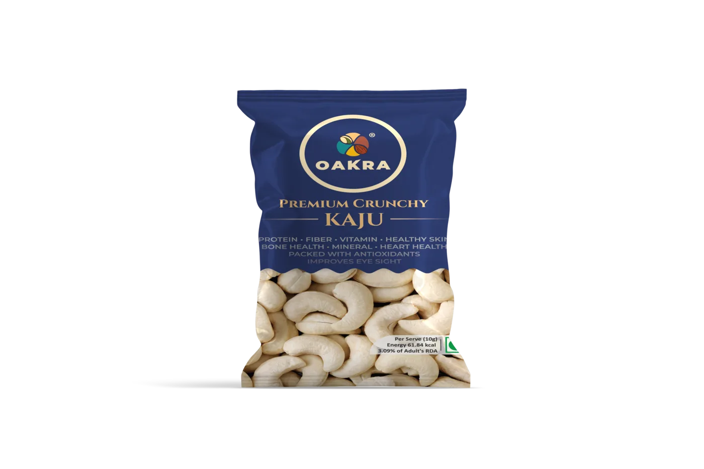 Oakra Premium Crunchy Kaju packs for retail shelves