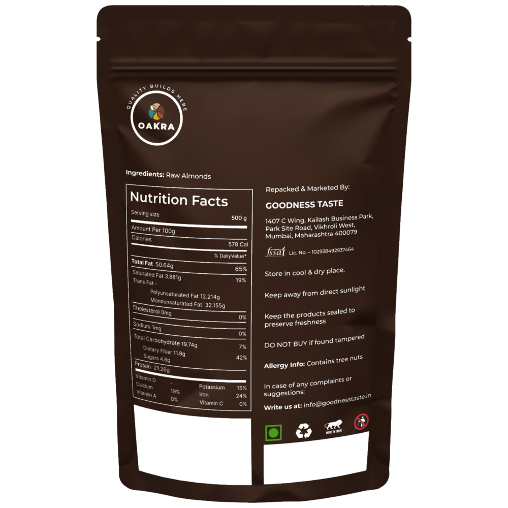 Oakra Natural Almonds 500g packaging detail