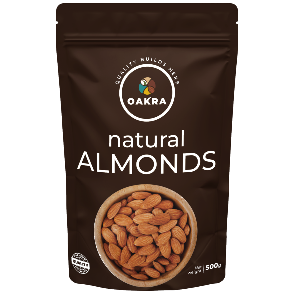 Oakra Natural Almonds 500g front packaging
