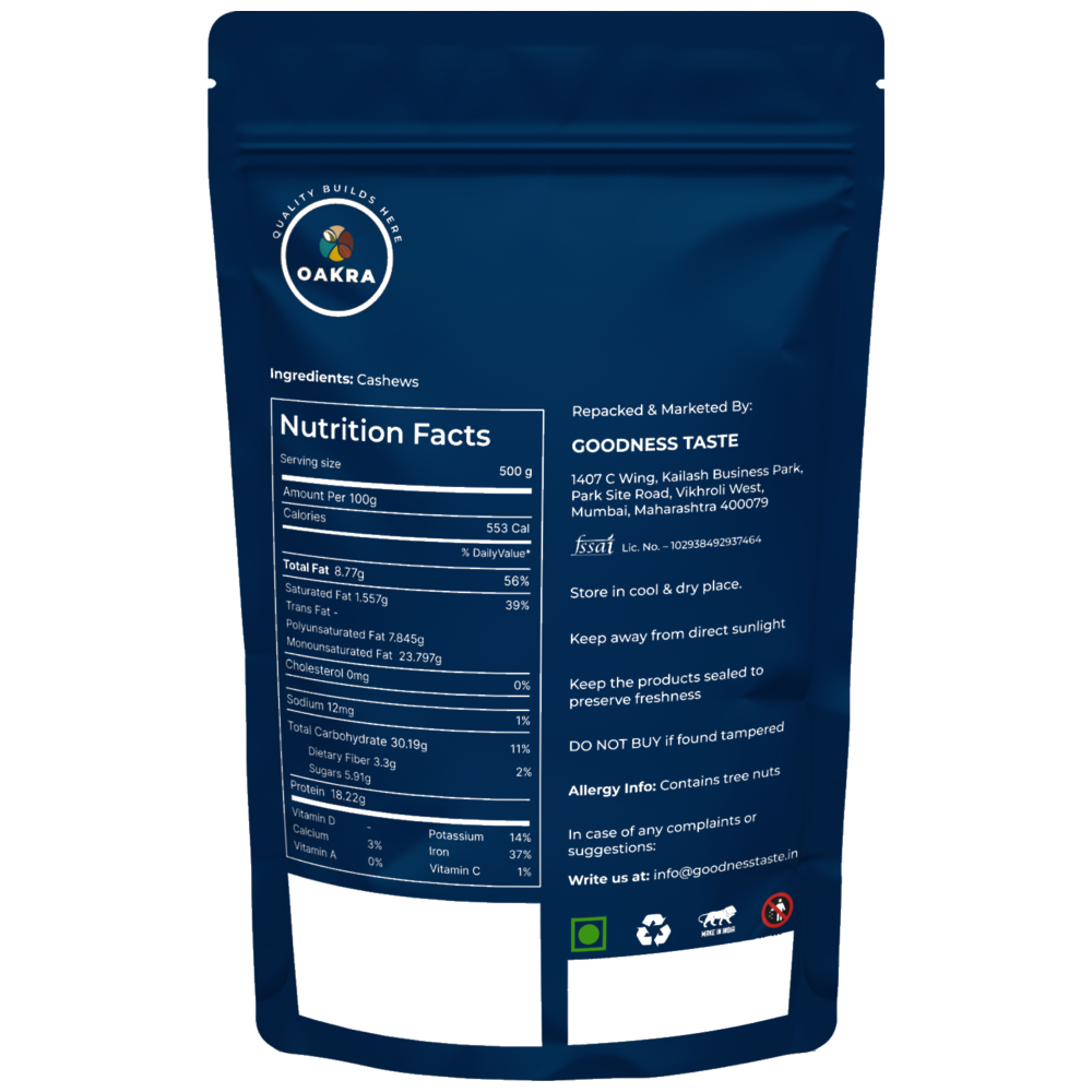 Oakra Natural Cashews 500g detail