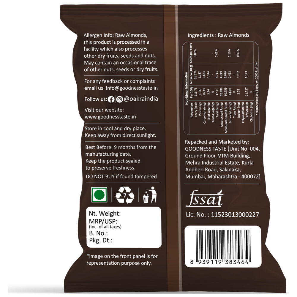 Oakra Premium Crunchy Badam back nutrition panel