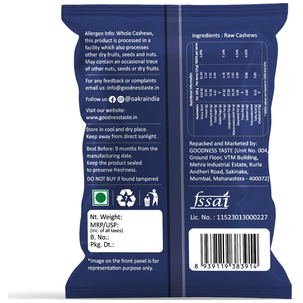 Oakra Premium Crunchy Kaju back panel